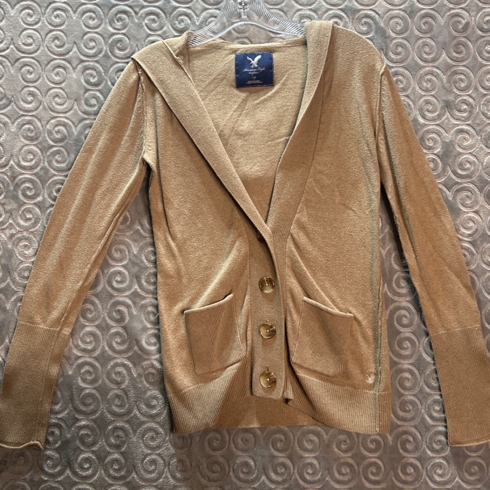 AmericanEagleOutfitters Tan HoodedCardiSweater S Small V Neck Button Front
